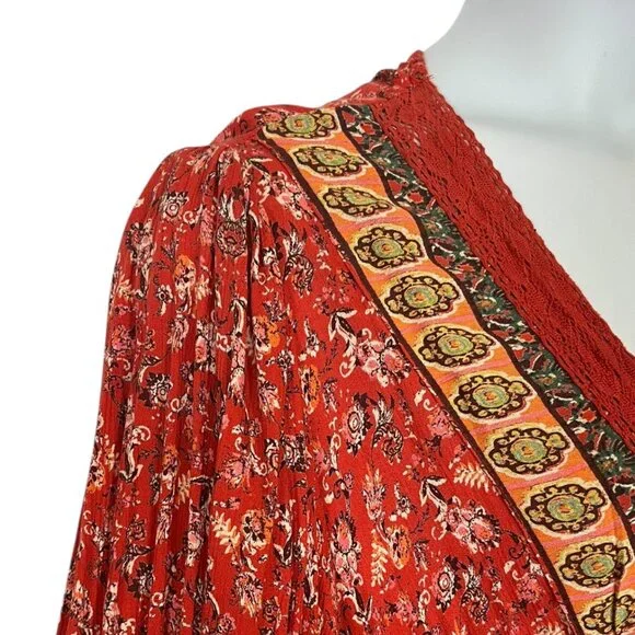 2X Long Sleeve Gauzy Rayon Red Floral Bohemian Maxi Dress Festival Gypsy - Picture 4 of 6